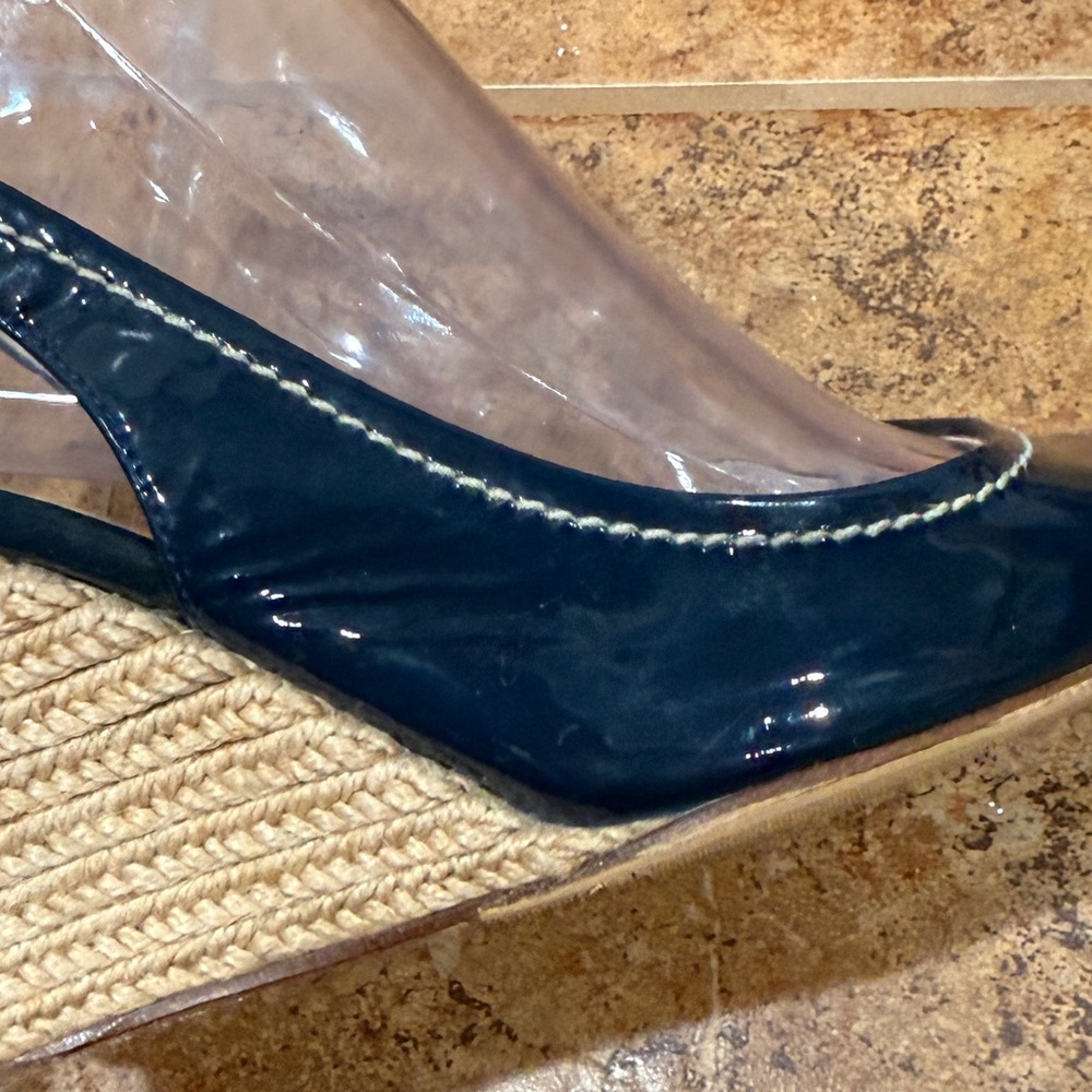 Prada Black‎ Patent Leather Peep Toe Espadrille Wedge Pumps Size 37 - Picture 9 of 14